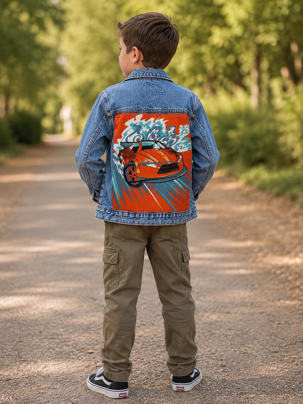 Race Car Denim Jacket | Boys Jean Jacket | Upcycled Kids Jacket | Sports Car Jacket | Youth Size 7 | Handmade Kids Clothing