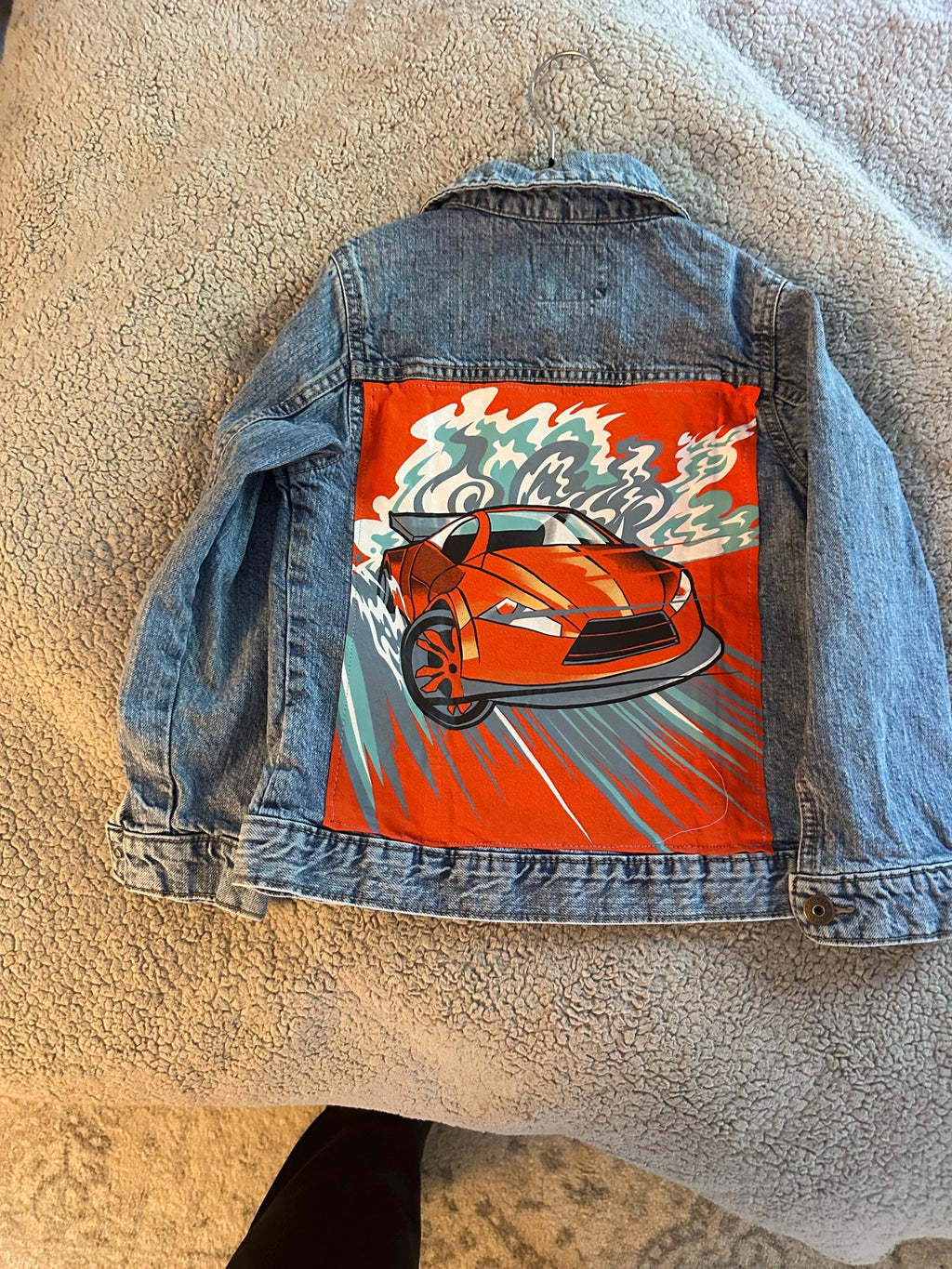 Race Car Denim Jacket | Boys Jean Jacket | Upcycled Kids Jacket | Sports Car Jacket | Youth Size 7 | Handmade Kids Clothing