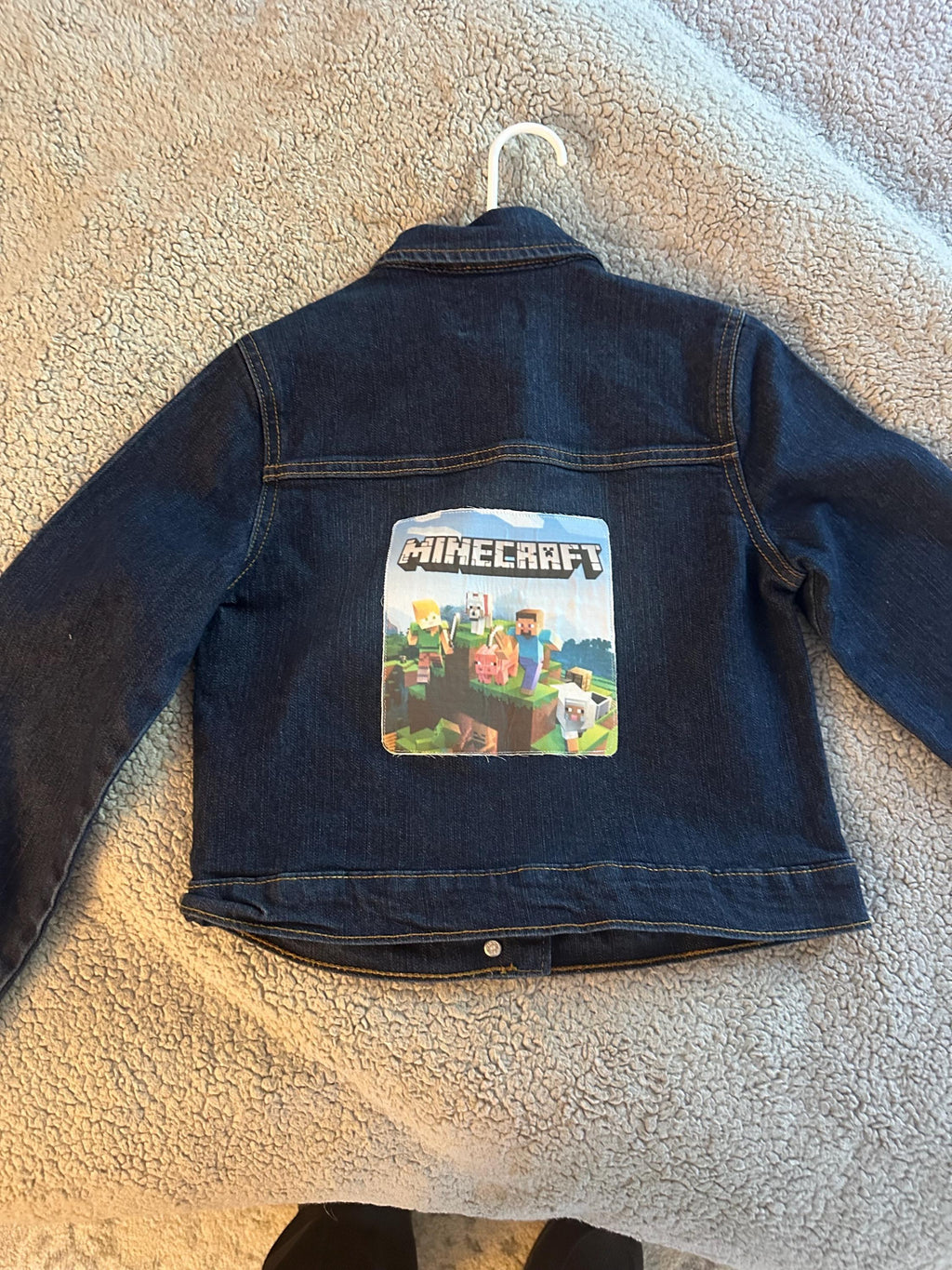 Minecraft Inspired Denim Jacket | Boys Gamer Jacket | Upcycled Kids Jean Jacket | Gaming Jacket for Kids | Size 7/8 | Handmade Clothing