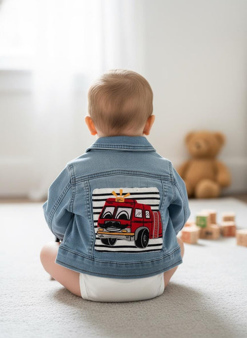 Baby Denim Jacket Fire Truck 0-6M Custom Infant Jean Jacket Gift