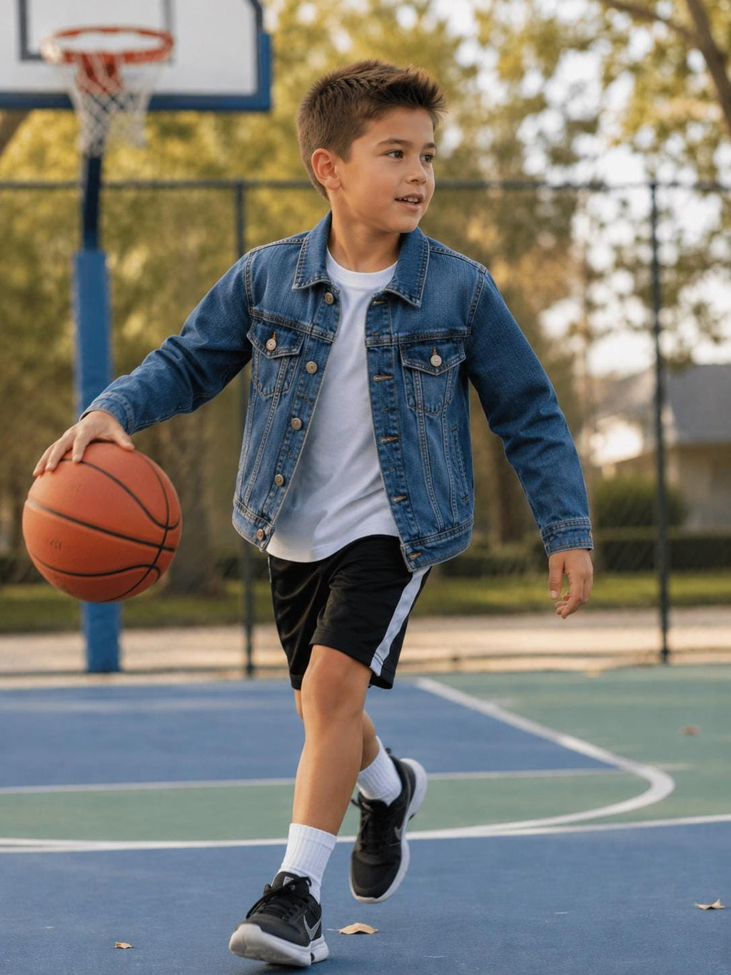 Basketball Denim Jacket | Boys Jean Jacket | Upcycled Kids Jacket | Basketball Hoop Jacket | Youth Size 8 | Handmade Kids Clothing