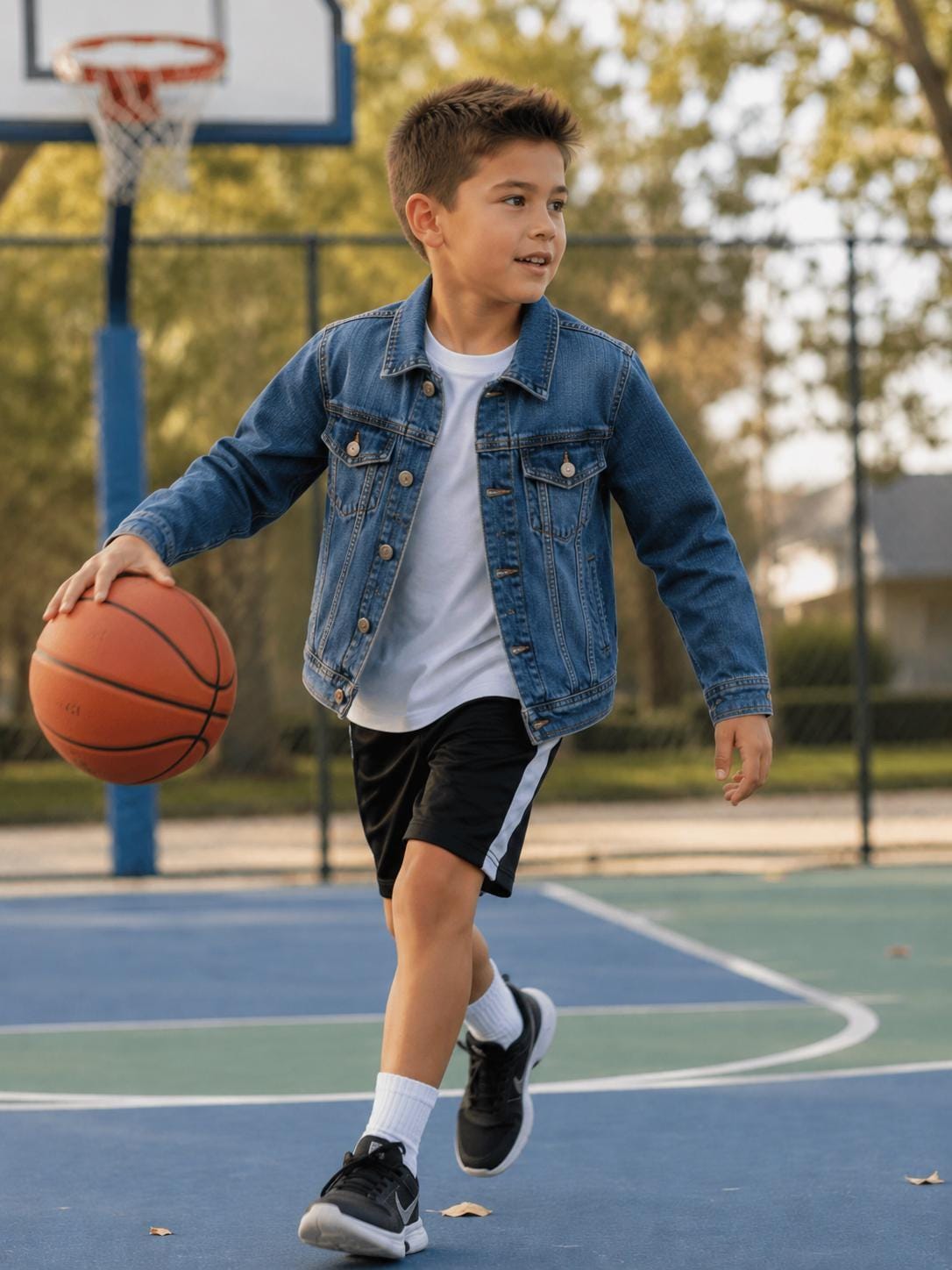Basketball Denim Jacket | Boys Jean Jacket | Upcycled Kids Jacket | Basketball Hoop Jacket | Youth Size 8 | Handmade Kids Clothing