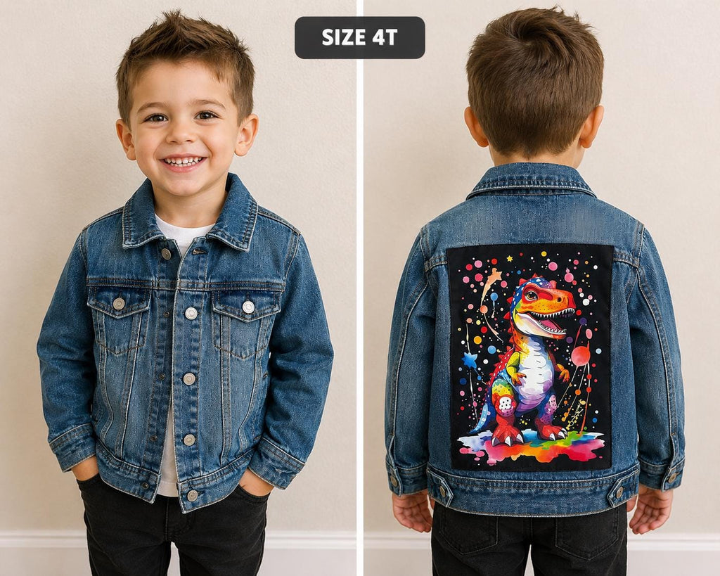 Dinosaur Denim Jacket | Kids Dino Jean Jacket | Upcycled Toddler Jacket | Colorful T-Rex Jacket | Size 4T | Handmade Kids Clothing