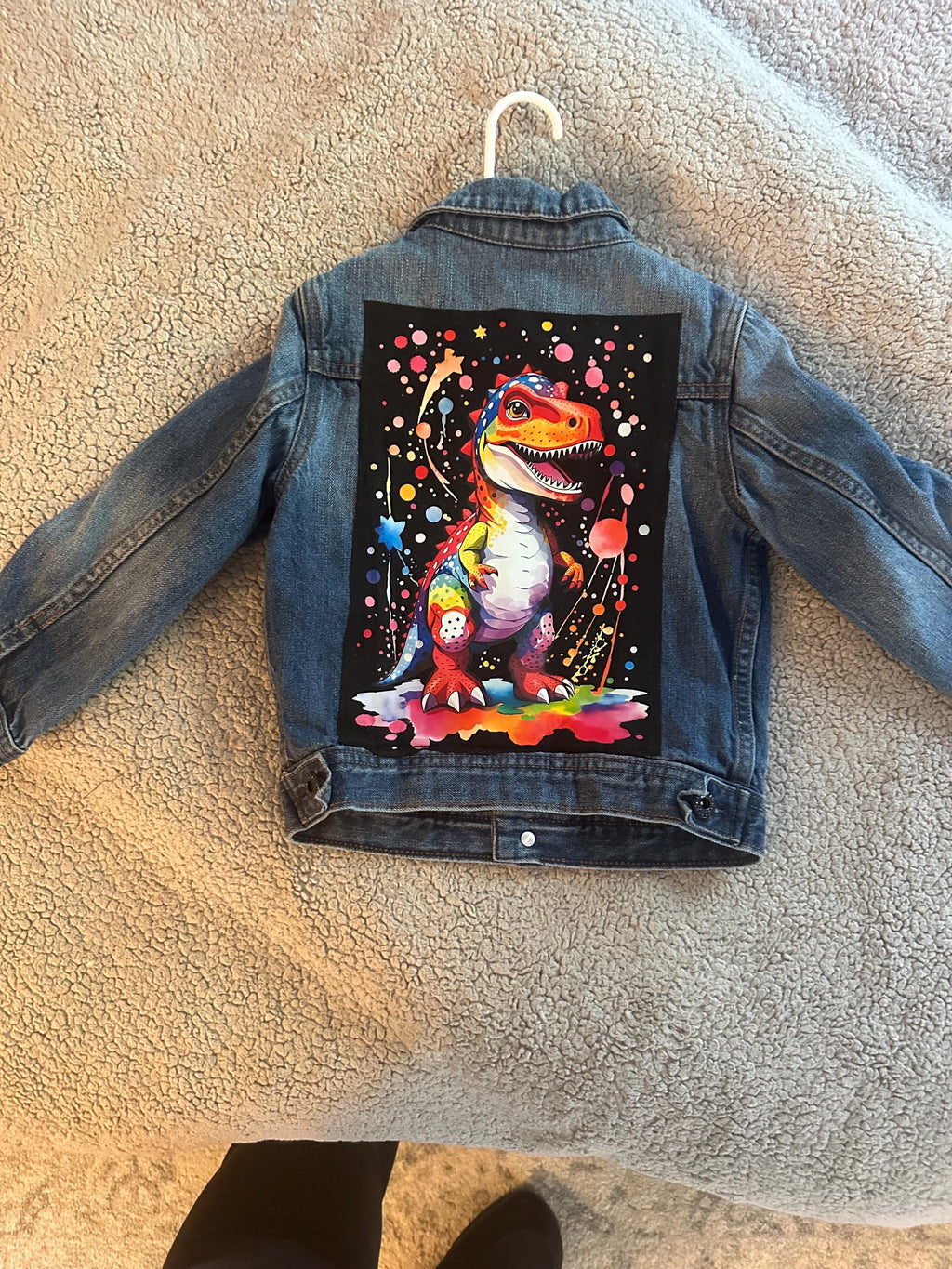 Dinosaur Denim Jacket | Kids Dino Jean Jacket | Upcycled Toddler Jacket | Colorful T-Rex Jacket | Size 4T | Handmade Kids Clothing