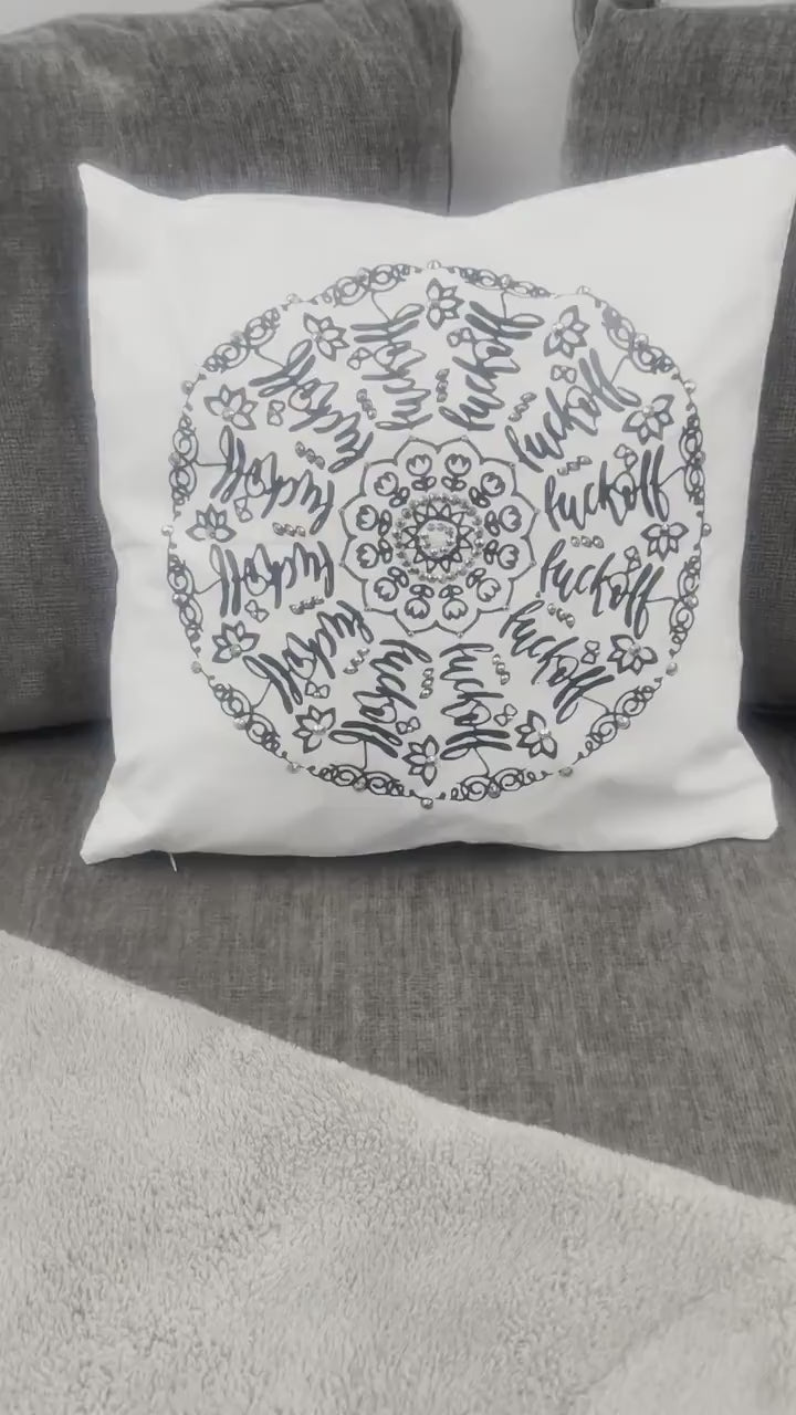 Give Sassy Vibes with Mandala Rhinestone Pillow Cover - Black, "fuck-off" One-of-a-Kind
