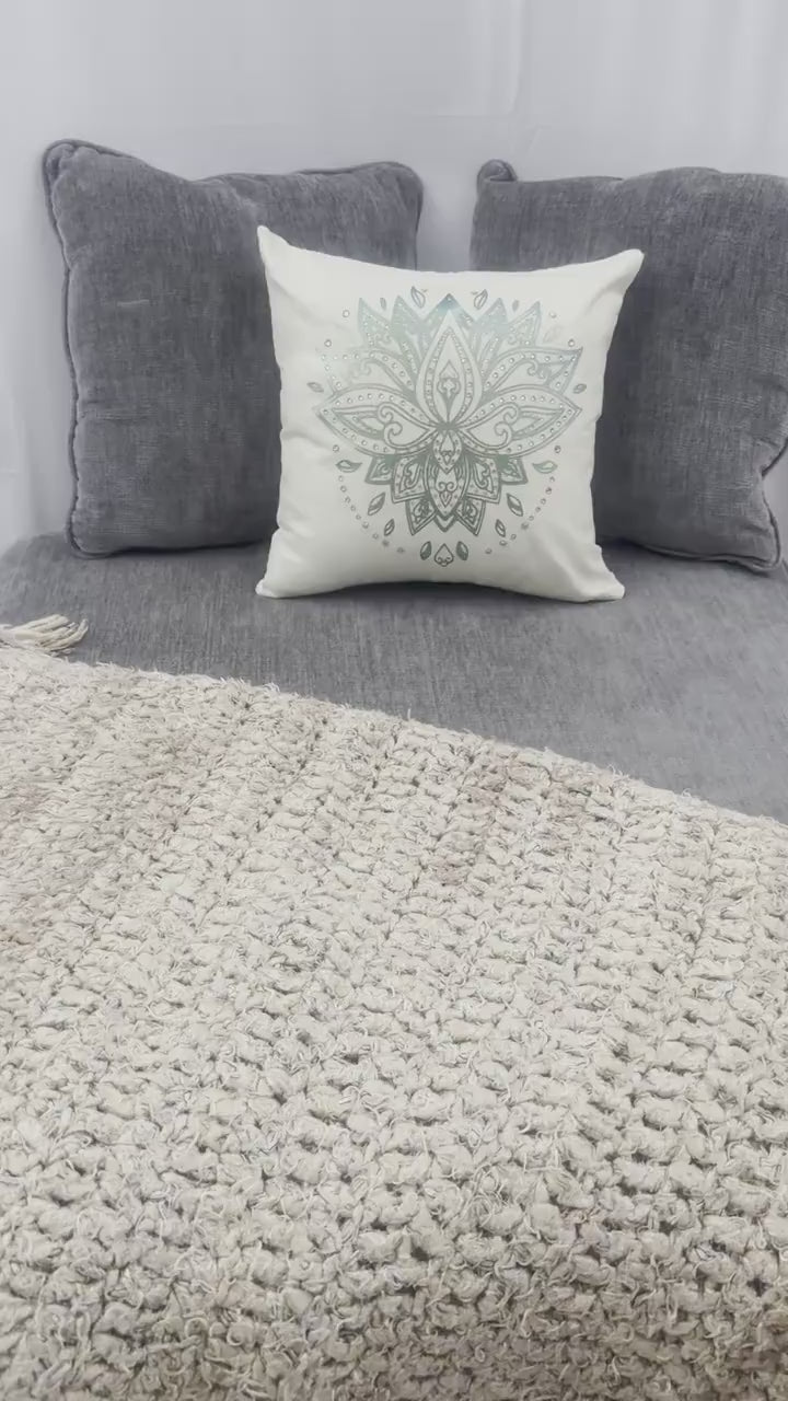 Metallic Green Mandala Throw Pillow Cover – Rhinestone Lotus Design, 16"x16"