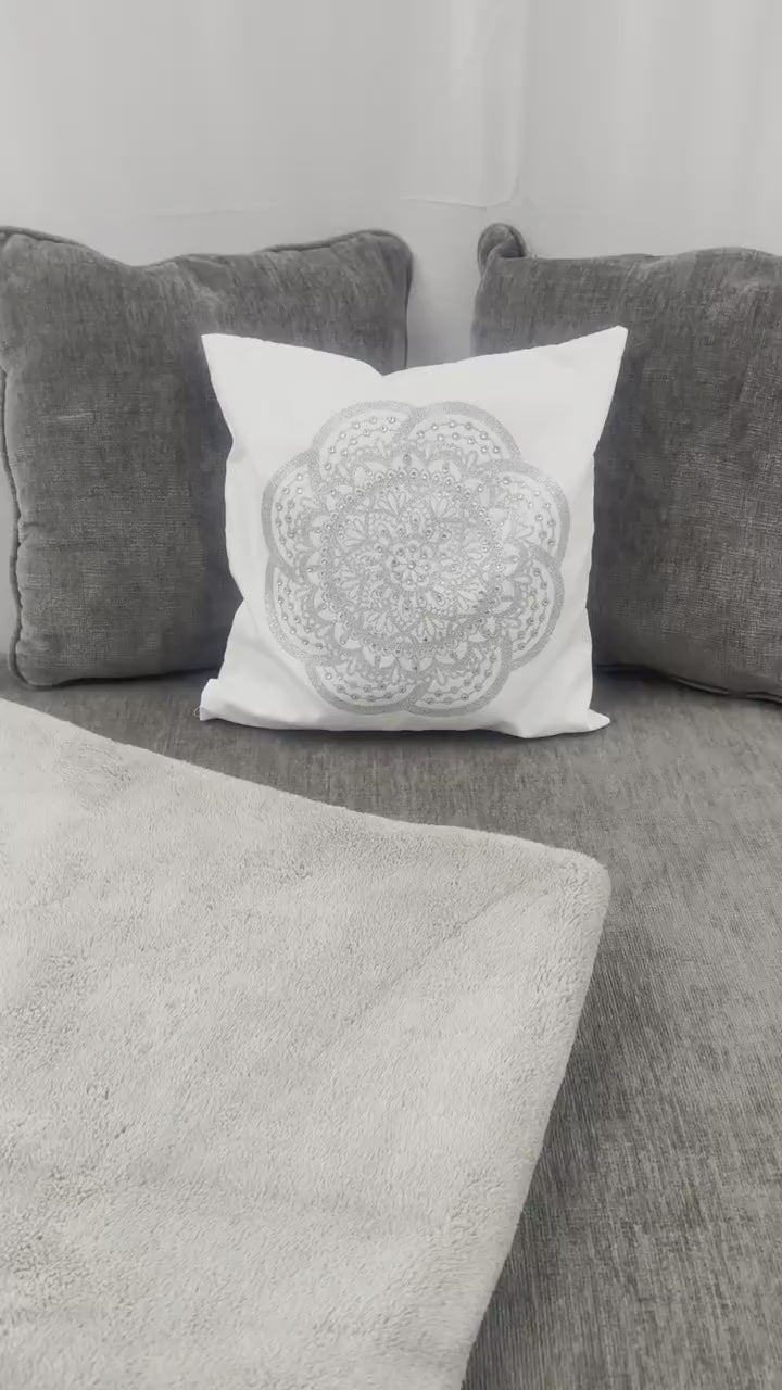 Silver Glitter Mandala Rhinestone Throw Pillow Cover - 15"x15" One-of-a-Kind Home Decor