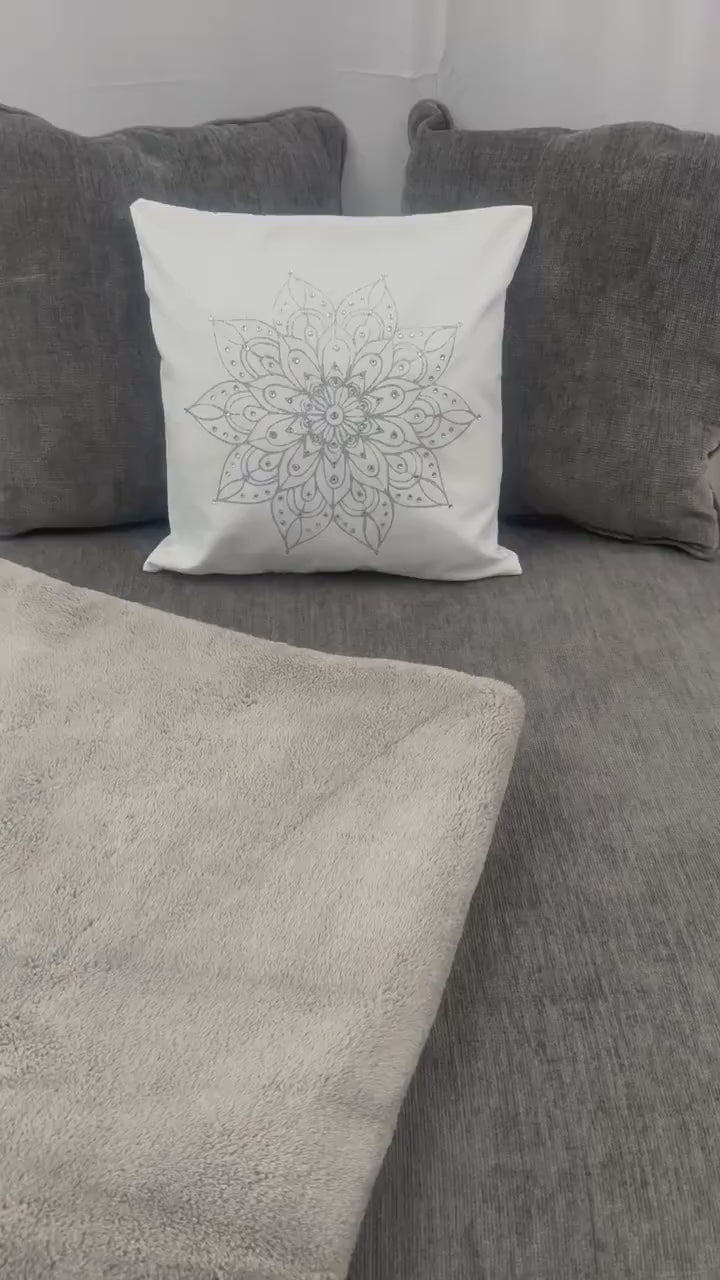 Silver Glitter Mandala Rhinestone Throw Pillow Cover - 15"x15" - One-of-a-Kind Home Decor