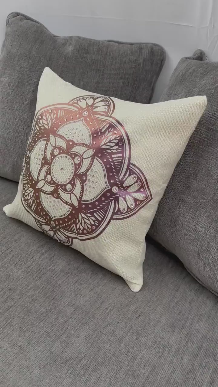 Exquisite Burgundy Mandala Throw Pillow with Rhinestone Embellishments for Elegant Home Decor