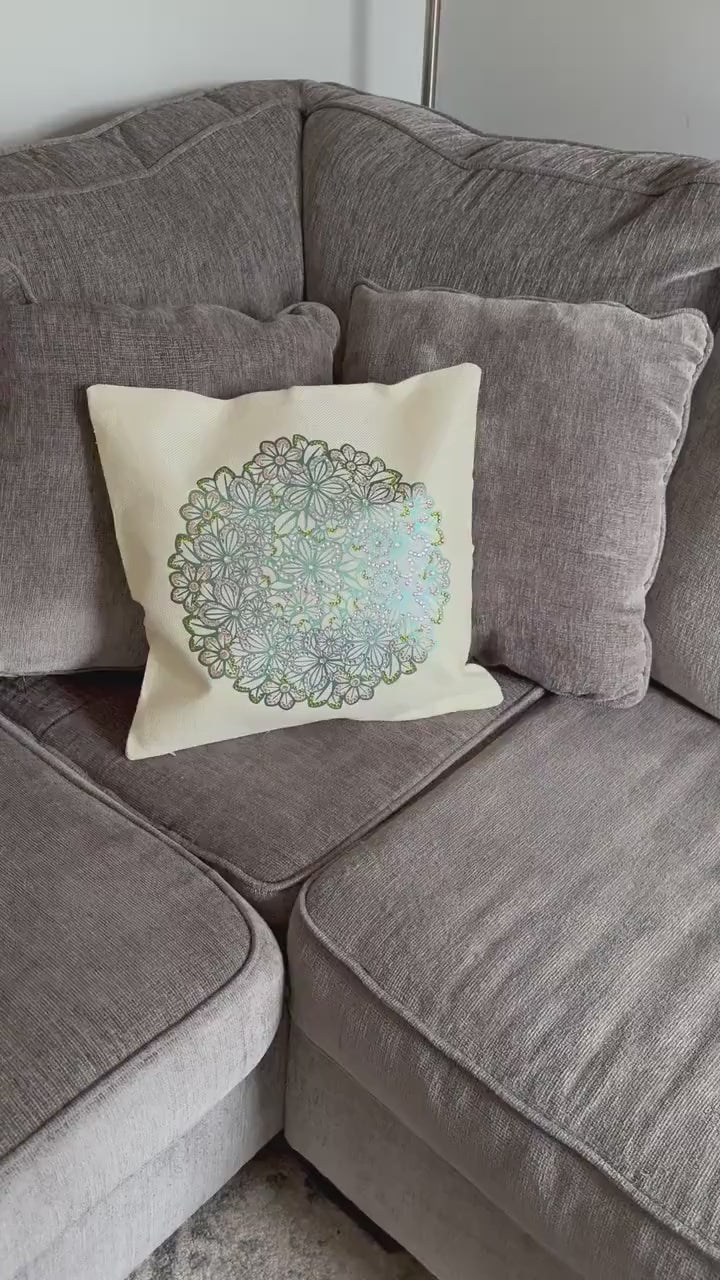 Handmade Metallic Green Mandala Rhinestone Pillow Cover – Shimmering Home Decor